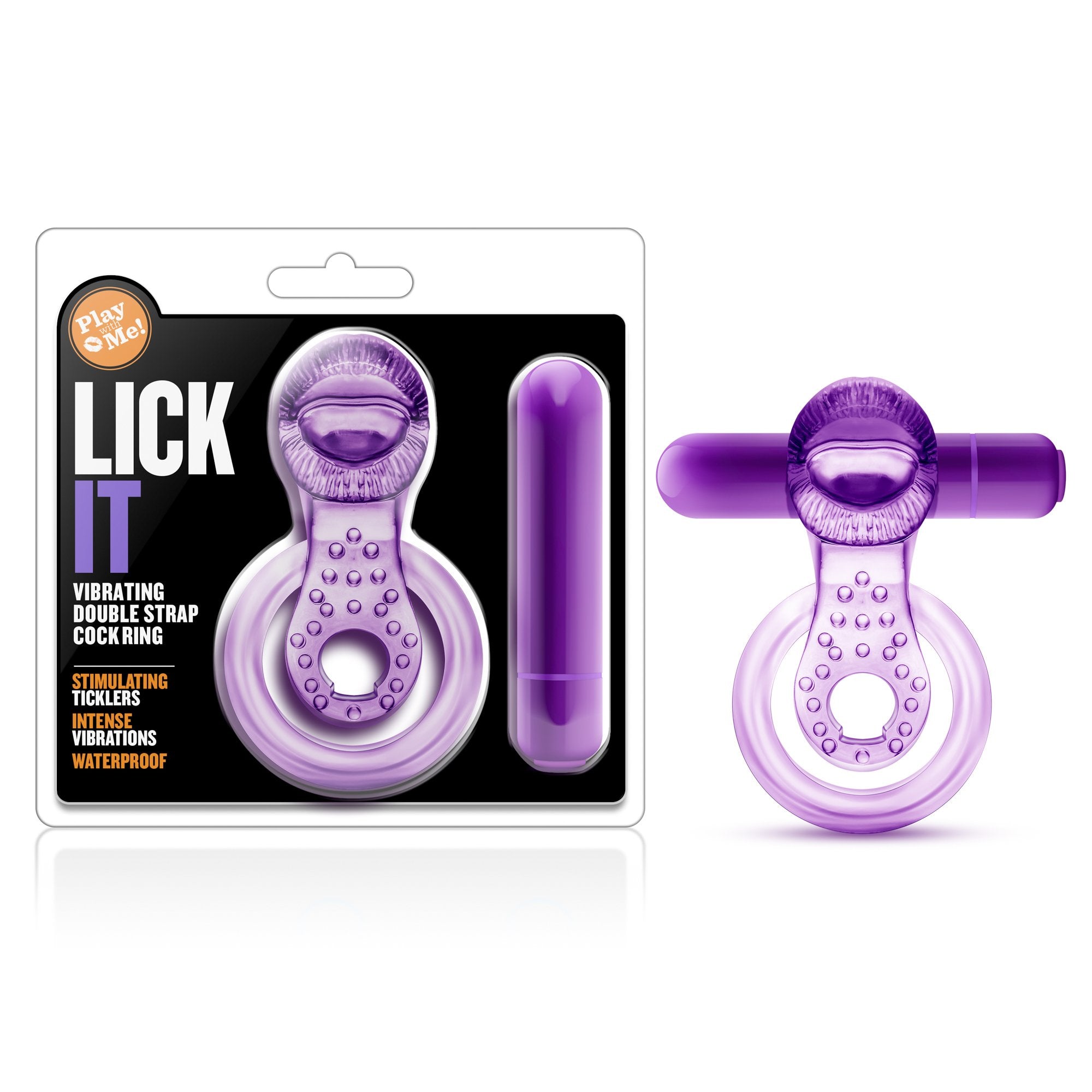 Blush Novelties Play With Me Lick It Vibrating Double Strap Stretchy C Ring - Tongue, Soft Ticklers Clitoris - Ball Strap Stretc