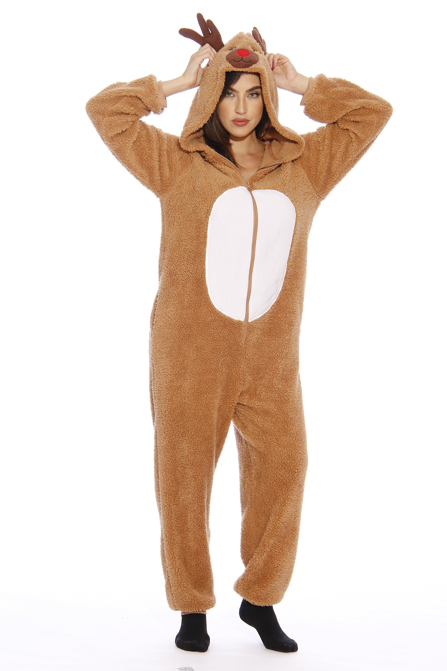 #FollowMe Adult Christmas Onesie For Women Sherpa One-Piece Pajamas, Reindeer Sherpa, XXL