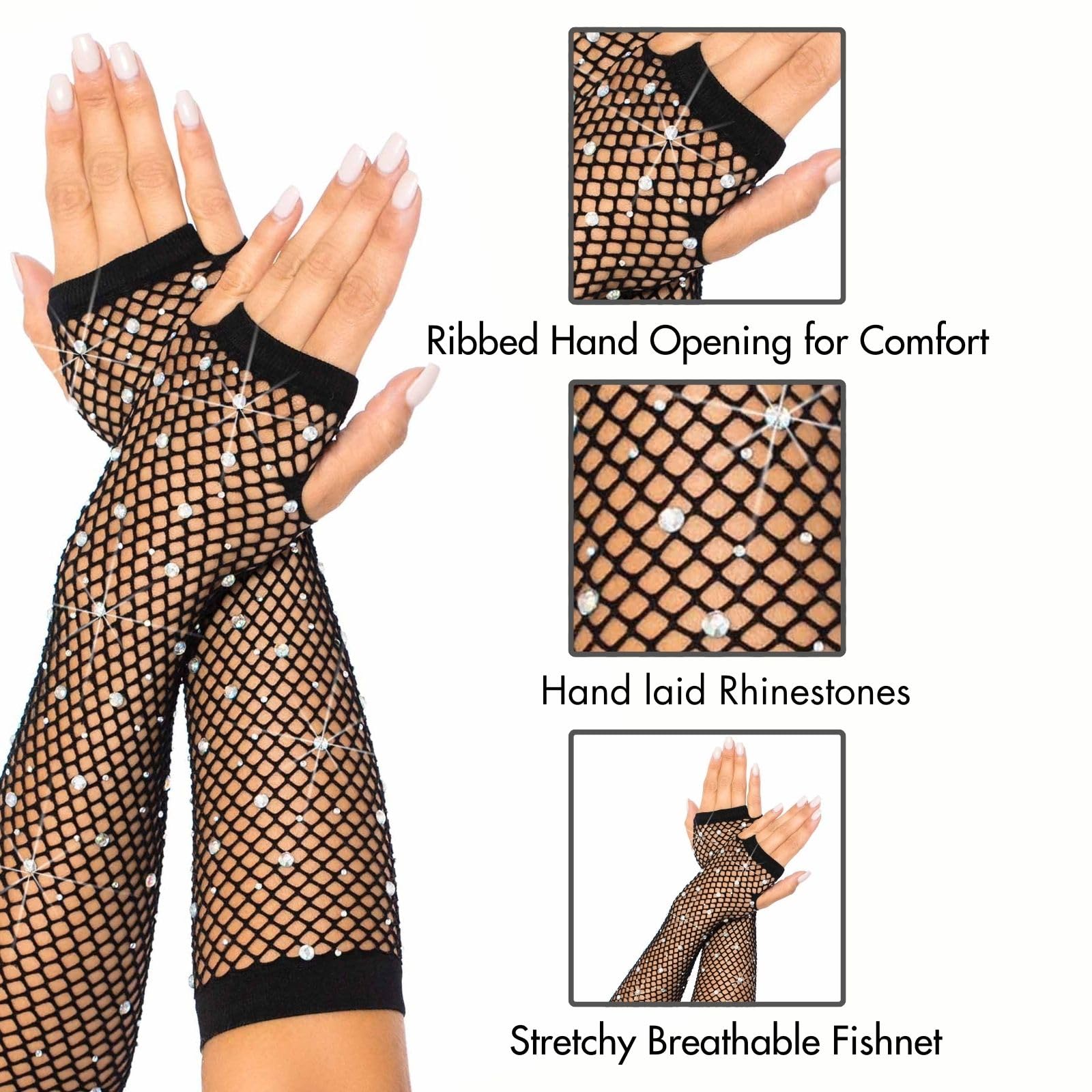 Rhinestone Fishnet Arm Warmers - O/S / Black