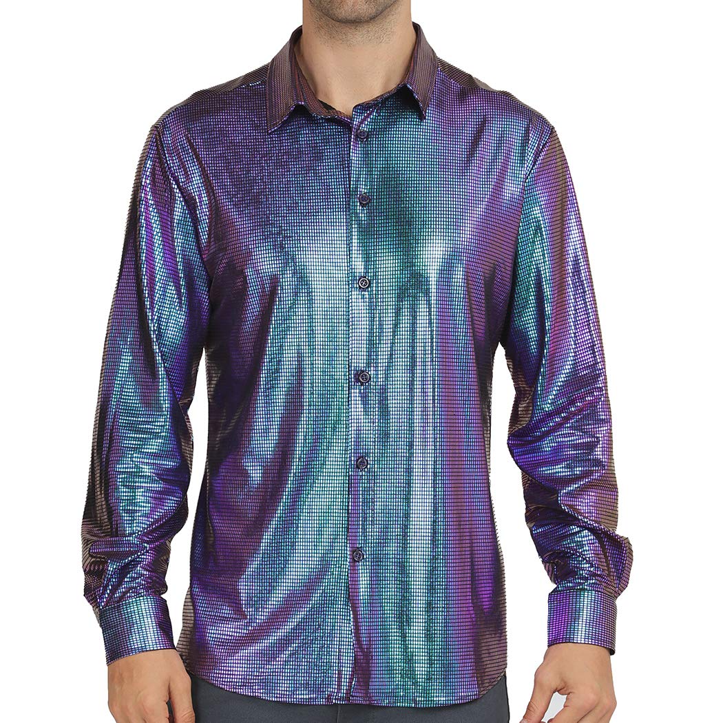 WULFUL Men Dress Shirt Sequins Long Sleeve Button Down Shirt Luxury Disco Party Nightclub Christmas Prom Costume