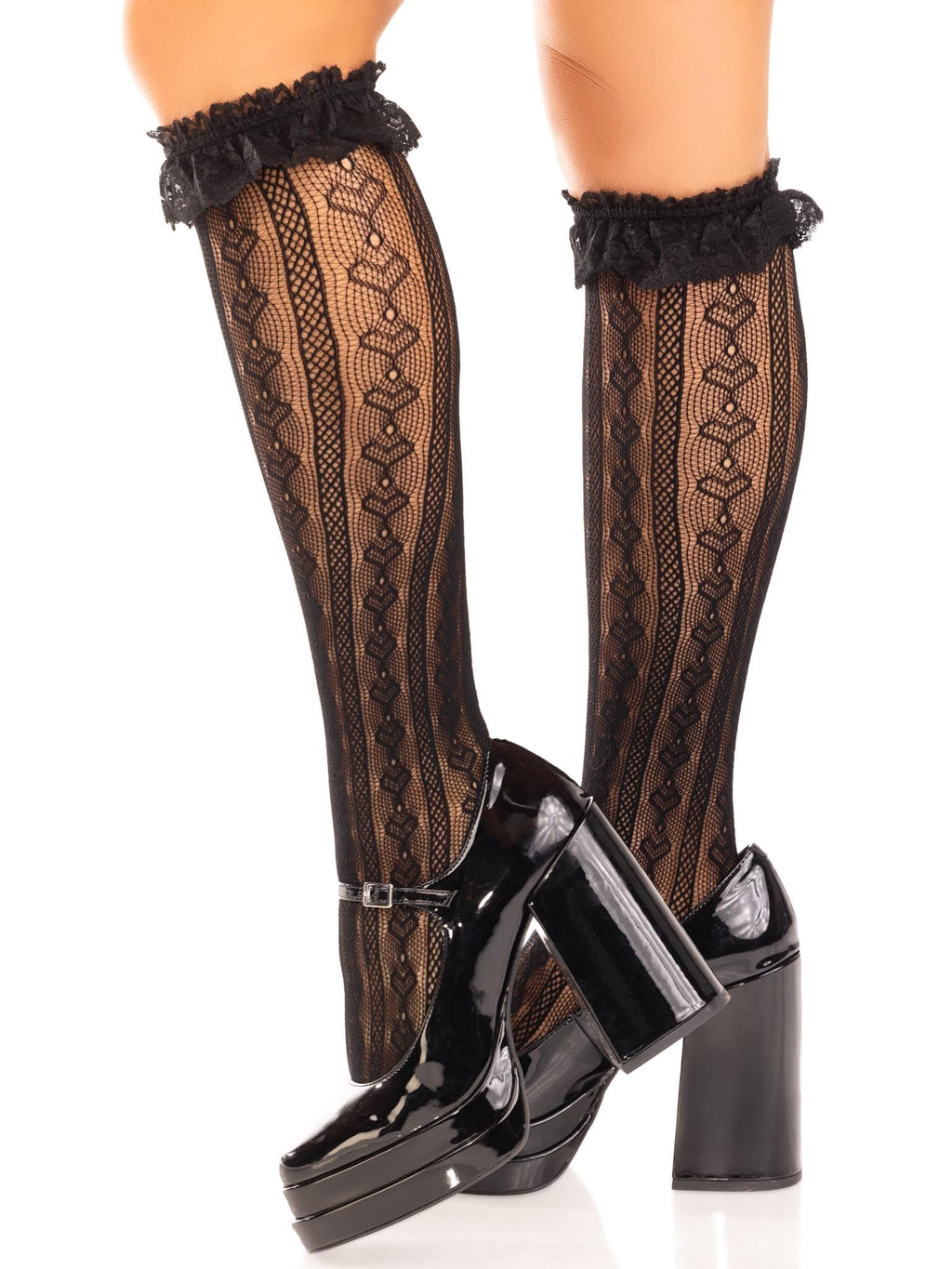 Sweetheart knit knee highs with lace ruffle cuff.