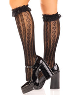 Sweetheart knit knee highs with lace ruffle cuff.