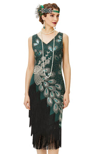 BABEYOND 1920s Vintage Peacock Sequined Dress Gatsby Fringed Flapper Dress Roaring 20s Party Dress