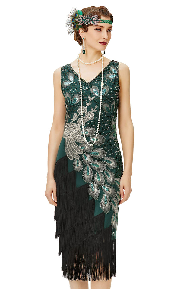 BABEYOND 1920s Vintage Peacock Sequined Dress Gatsby Fringed Flapper Dress Roaring 20s Party Dress