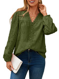 Simplee Womens Dressy Long Sleeve Blouses Casual V Neck Button Down Floral Lace Embroidered Fall Tops Fashion Shirts Army Green 