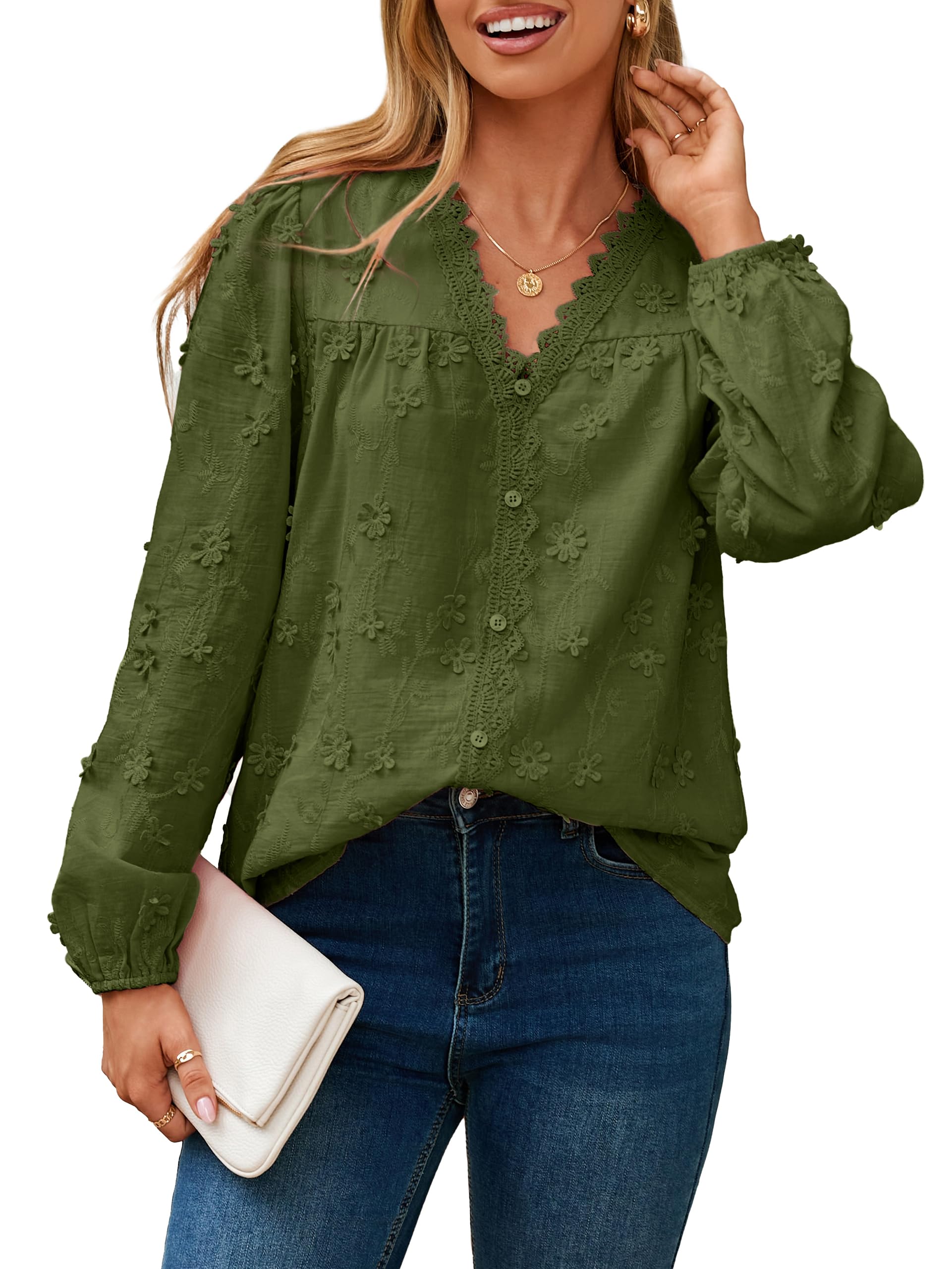 Simplee Womens Dressy Long Sleeve Blouses Casual V Neck Button Down Floral Lace Embroidered Fall Tops Fashion Shirts Army Green 