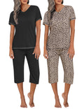 Ekouaer 2 Pack Pajamas for Women Set Short Sleeve 2 Piece Pjs V Neck Tops & Capri Pants Lounge Sets with Pockets S-3XL