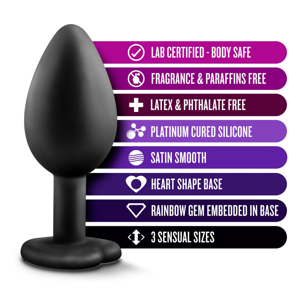 Blush Novelties Luxe - Anal Bling Butt Plug Heart Shape Gem Sex Toy 3 Piece Training Kit Soft Satin Silicone - Black Rainbow Gem