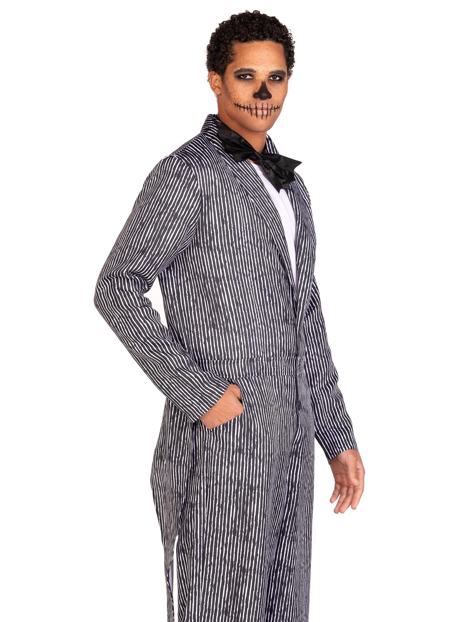 2 Pc Pinstriped Tux Jumpsuit, Includes One-Piece Button Front Jumpsuit And Bow Tie.