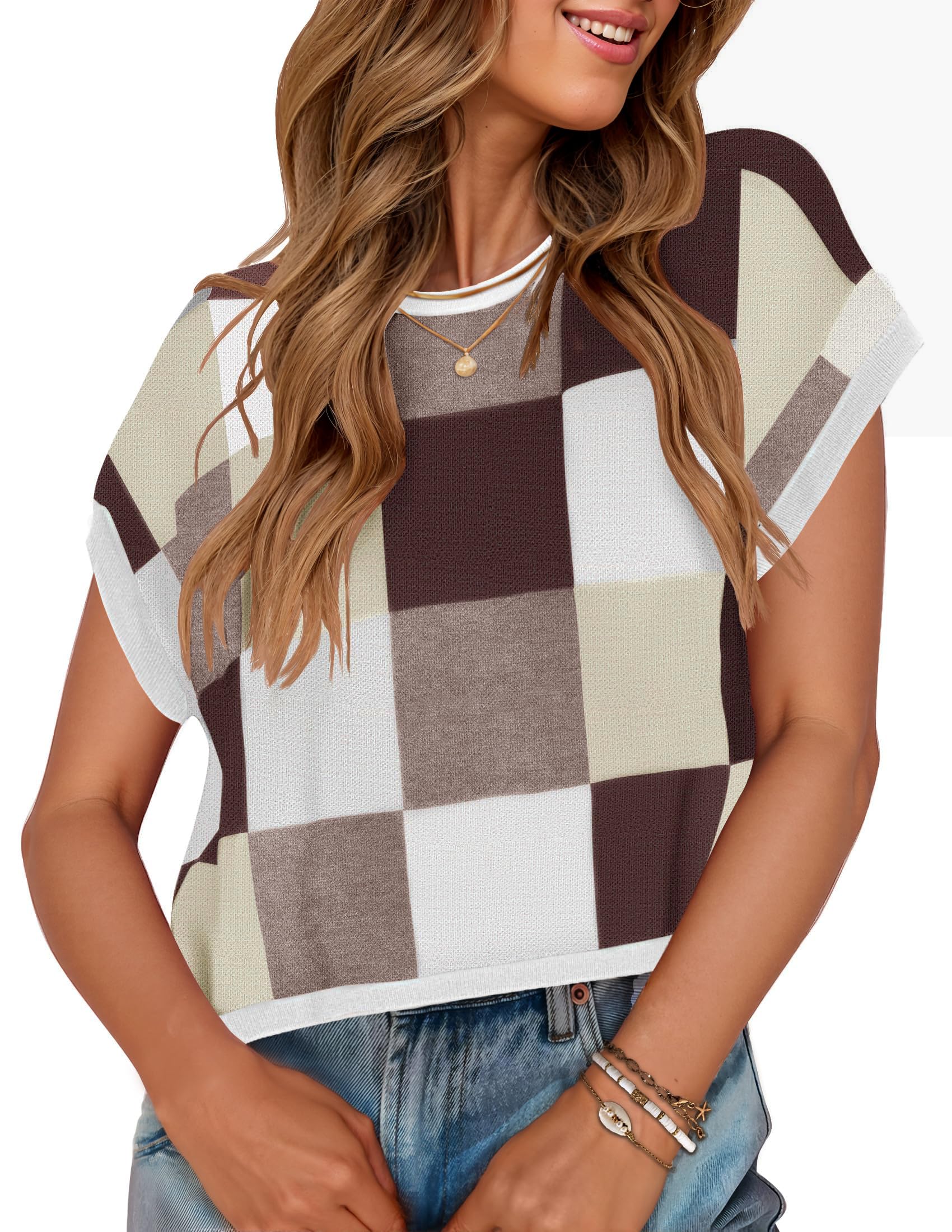 ZESICA Womens Floral Sweater Vest Summer Short Sleeve Crew Neck Cute Loose Knit Tops 2026 Trendy Clothes Outfits,Brown,Large