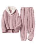 Gihuo Women s Fluffy Pajamas Set Fleece Pullover Pants Loose Plush Sleepwear 2 Piece Pjs Set Warm Loungewear Fuzzy(Pink-L)