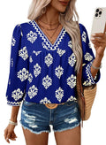 SHEWIN Blouses for Women Dressy Casual 2026 Fashion Trendy 3/4 Sleeve Flower Top Lightweight Cute Tops for Women Blue X-Large