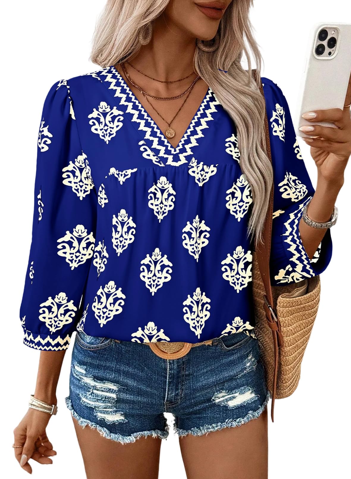 SHEWIN Blouses for Women Dressy Casual 2026 Fashion Trendy 3/4 Sleeve Flower Top Lightweight Cute Tops for Women Blue X-Large