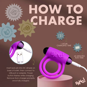 Bang! Silicone Cock Ring & Bullet W/ Remote Purple