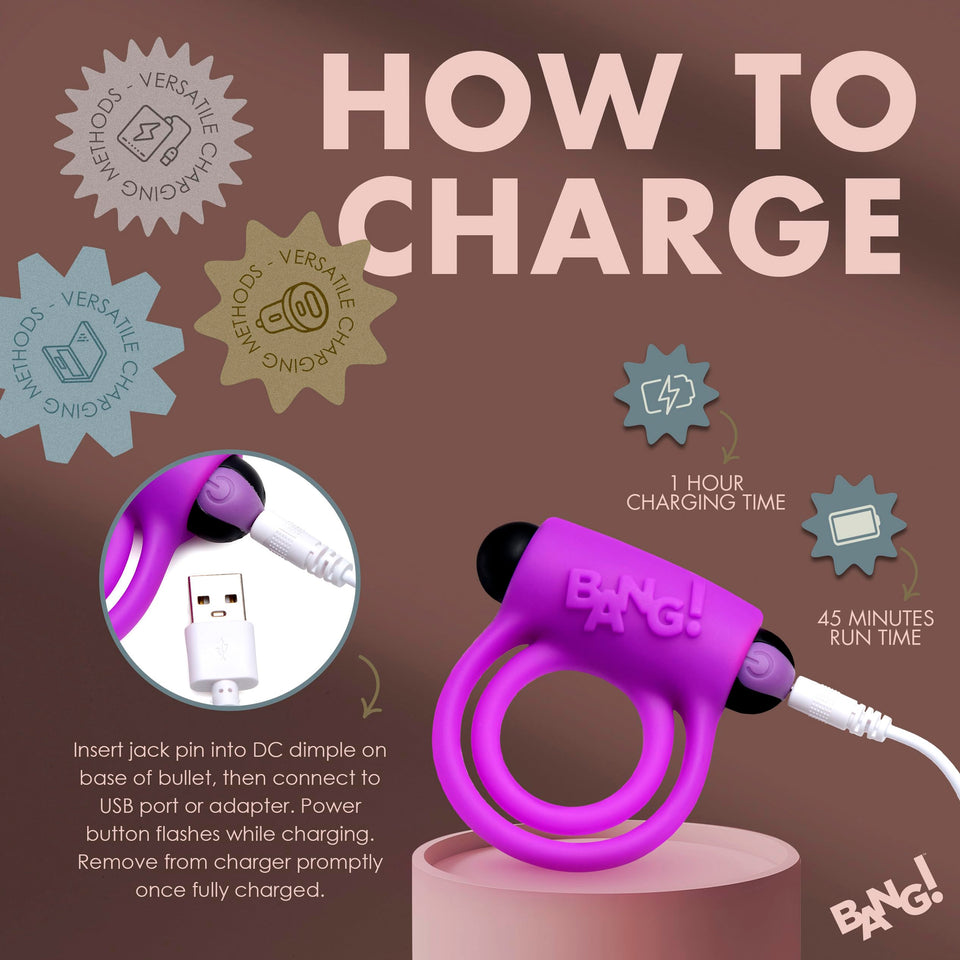 Bang! Silicone Cock Ring & Bullet W/ Remote Purple