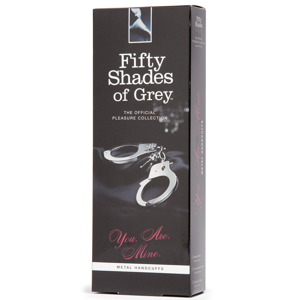Fifty Shades Of Grey You Are Mine Metal Handcuffs - Lockable Handcuffs With 2 Keys & Quick Release - Adjustable Sexy Handcuffs For Couples With Satin Bag - Silver