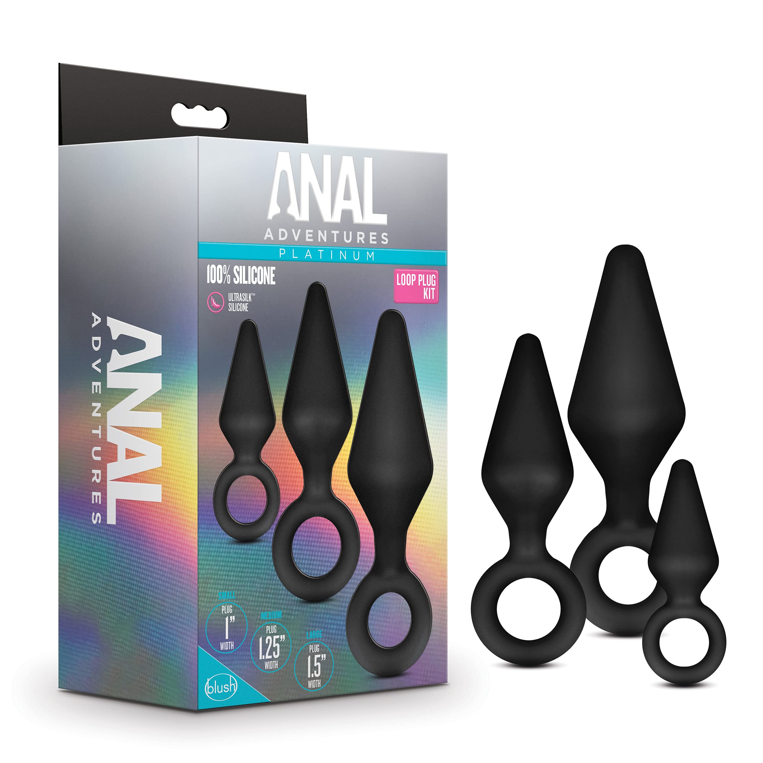 Blush Novelties Anal Adventures Platinum Ultrasilk Silicone Retrieval Ring Plug Kit - Small Medium Large Satin Smooth Butt Plug 