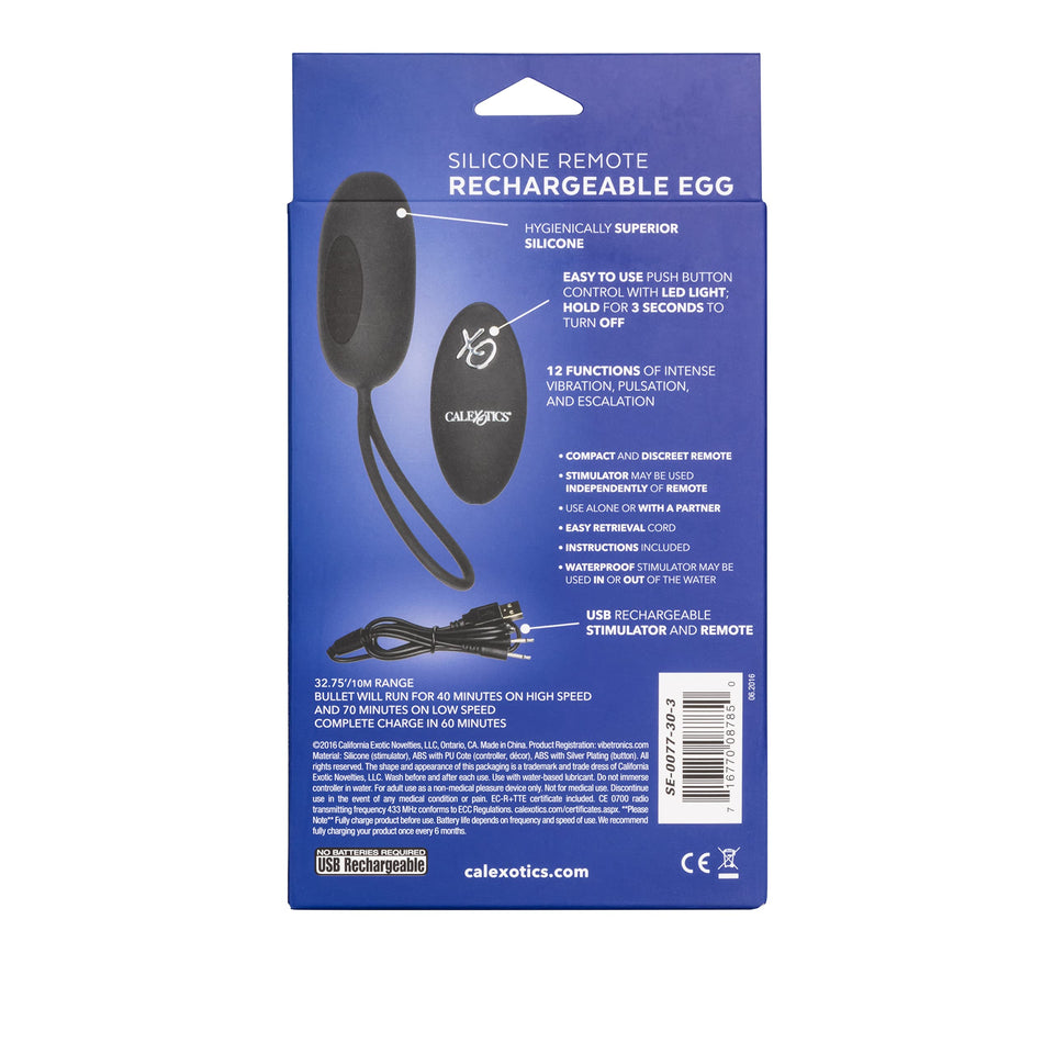 CalExotics Waterproof Silicone Remote Rechargeable Egg Vibrator - 12-Function Black Bullet with Easy Retrieval Cord for Couples