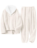 Springrain Fluffy Pajamas Set for Women Warm Fleece Pjs Set Pullover Pants Fuzzy Lounge Set(Beige-M)