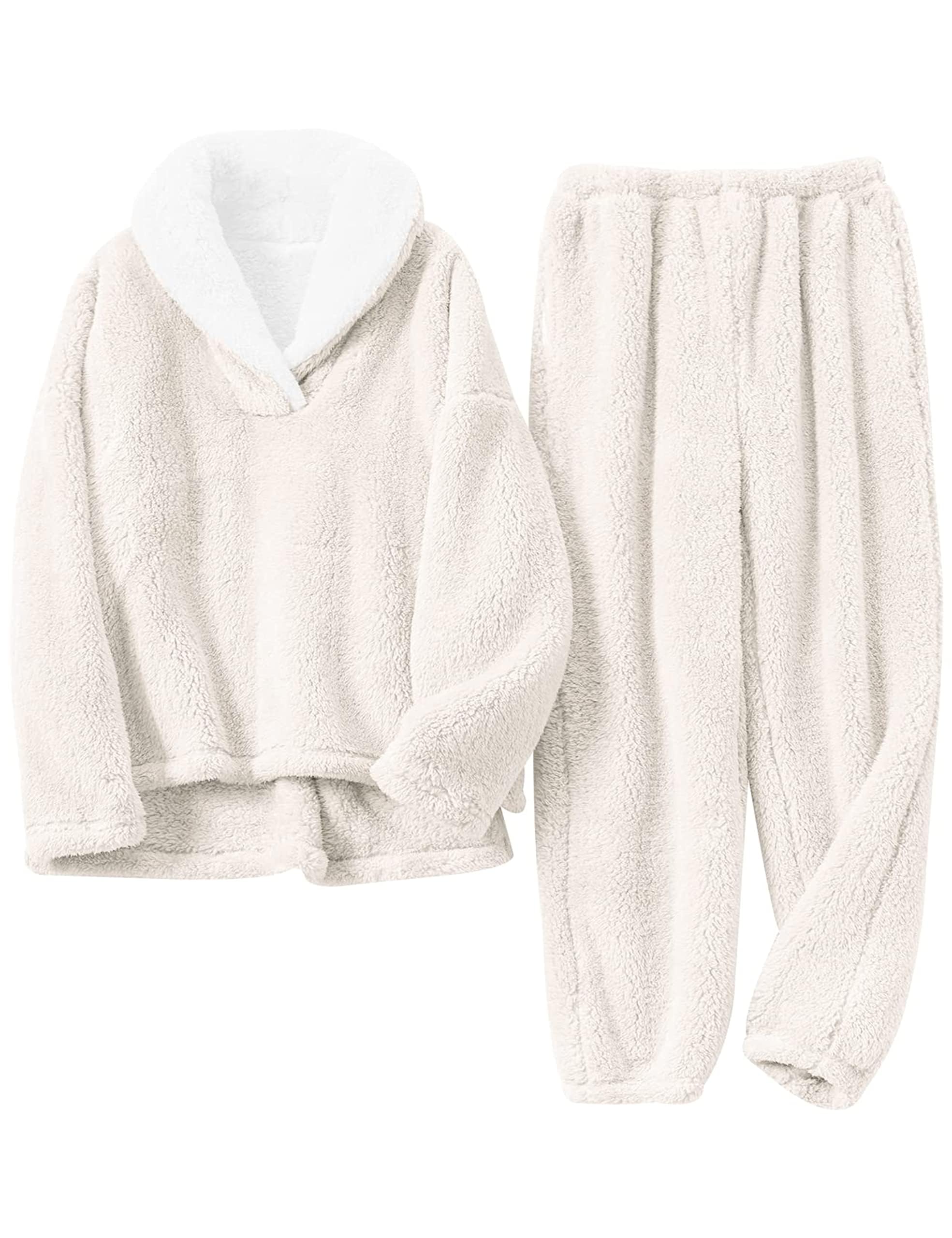 Springrain Fluffy Pajamas Set for Women Warm Fleece Pjs Set Pullover Pants Fuzzy Lounge Set(Beige-M)