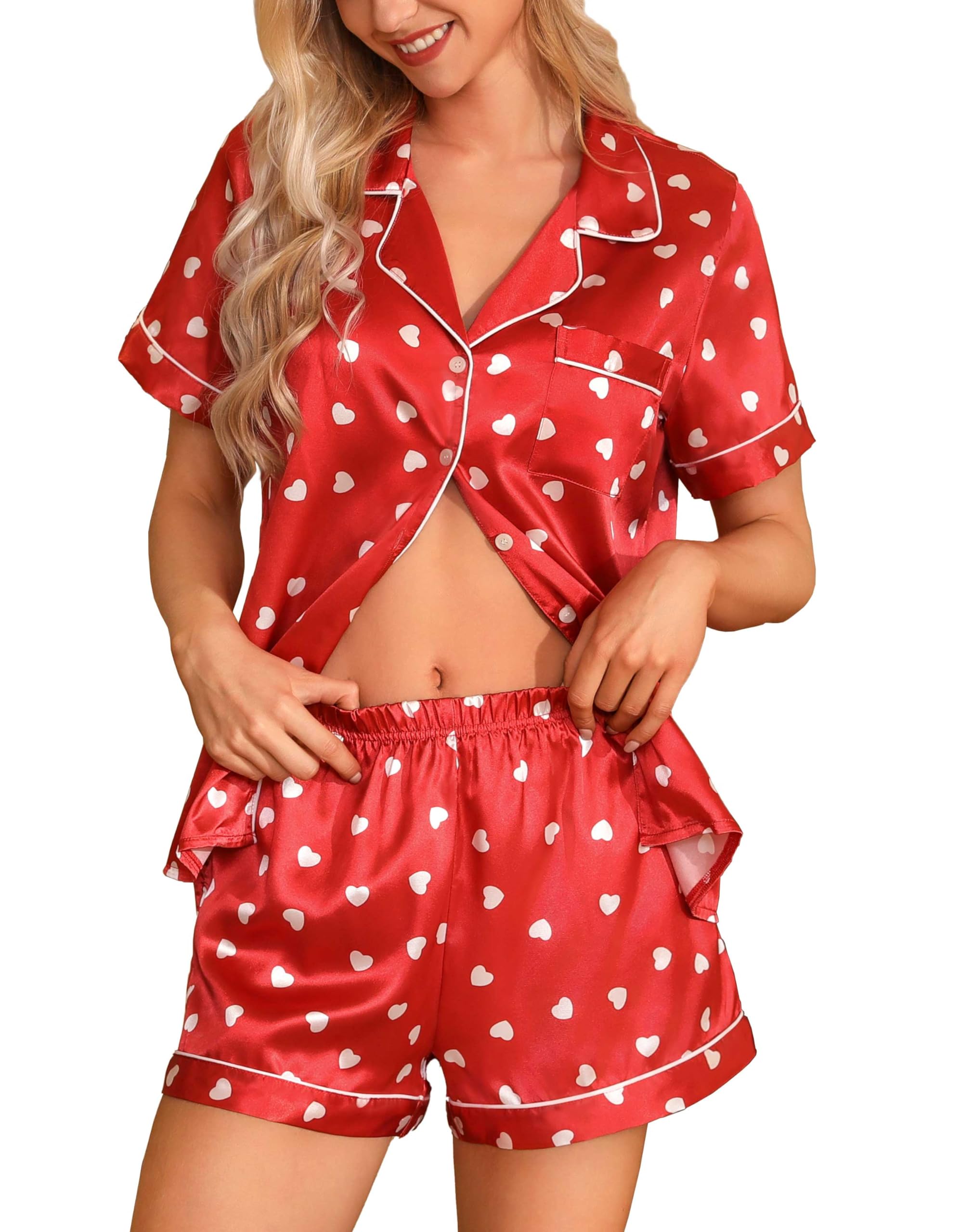 Samring Heart Pajamas Women Red Satin Pjs Short Sleeve Button Down Holidy PJ Sets for Woman Red Heart M