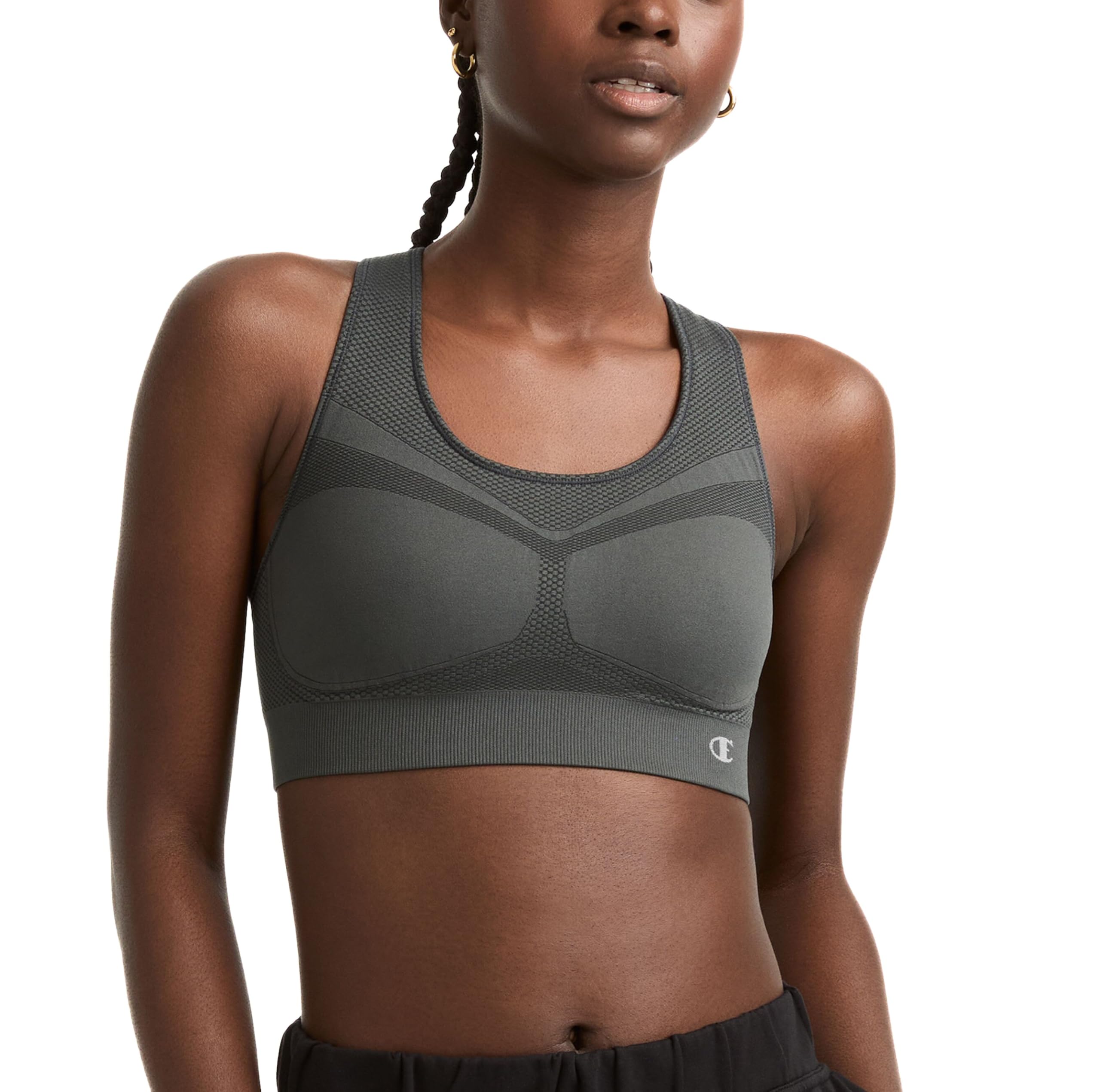 Champion Womens The Infinity Racerback Sports Bra, Moderate Support, Seamless, Moisture Wicking, Asphalt, Small