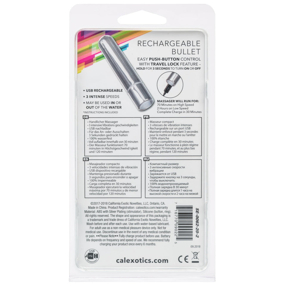 CalExotics Rechargeable Bullet - Adult 3 Speed Vibe Massager - Waterproof Travel Size Sex Toys for Couples - Silver