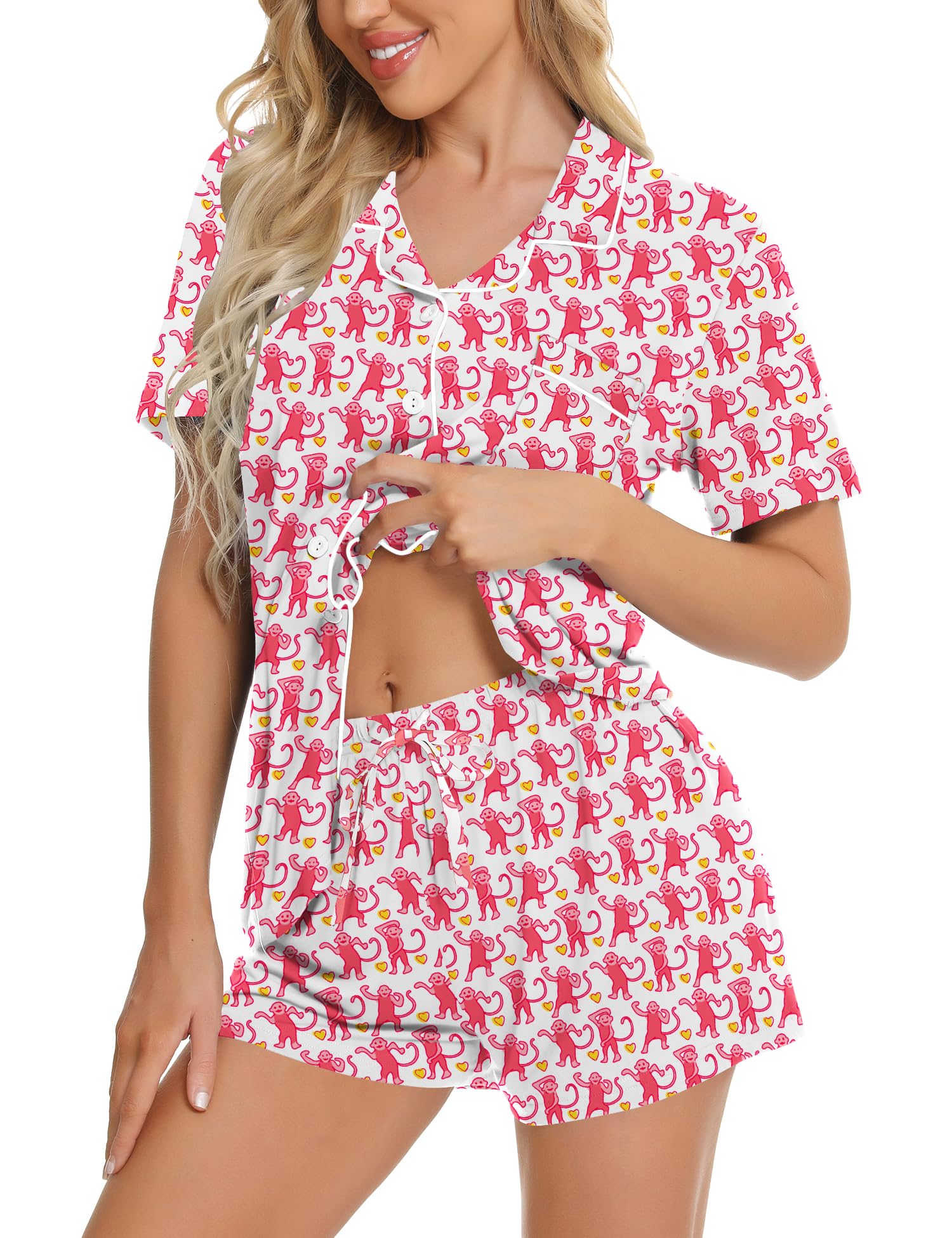 SWOMOG Womens Button Down Pajamas Set Short Sleeve Sleepwear Bride Soft Pj Lounge Sets XS-3XL Pink Monkey Medium