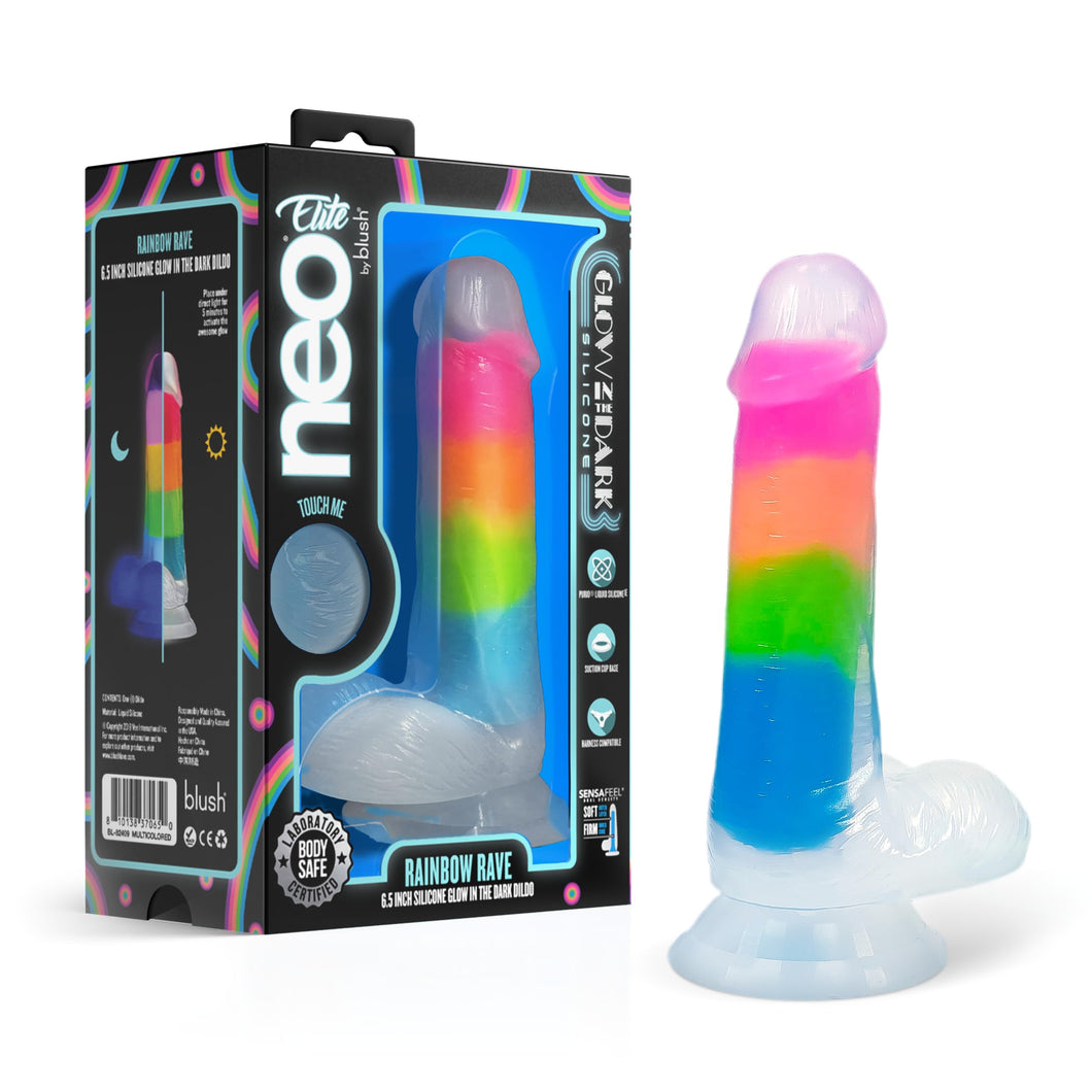 Neo Elite Glow In The Dark Rainbow Rave 6.5 Silicone Dual Density Dildo''