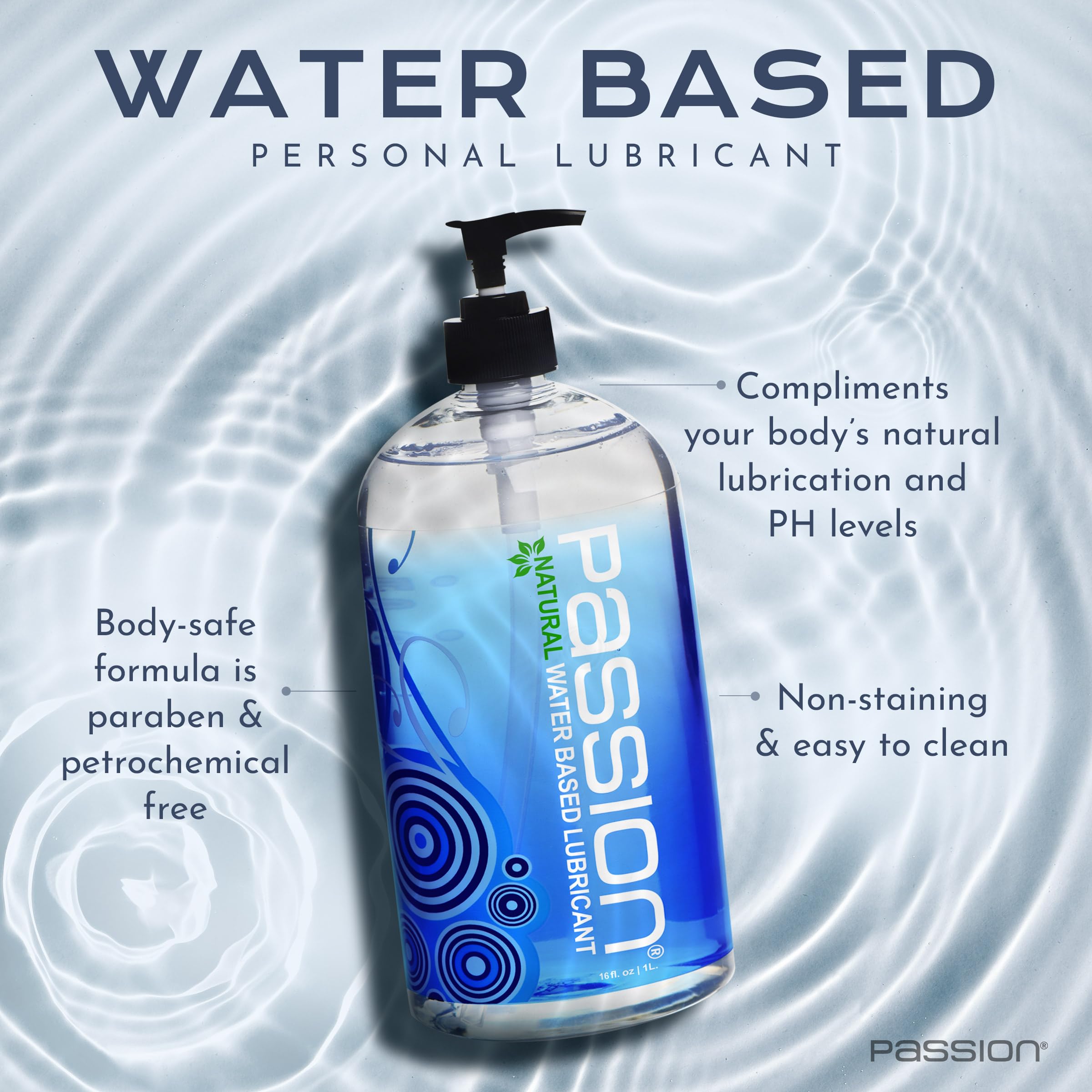 Passion 16 Oz Premium Water-Based Personal Lubricant For Men Women And Couples. Long Lasting Water Based Gel. Non Staining, Non Scented, Non Sticky. Easy Clean Up. Made In Usa