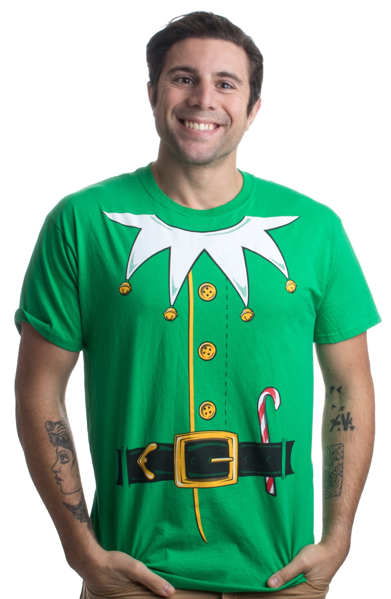 Ann Arbor T-shirt Co. Santa s Elf Costume | Jumbo Print Novelty Christmas Holiday Humor Unisex T-Shirt - Small - Green