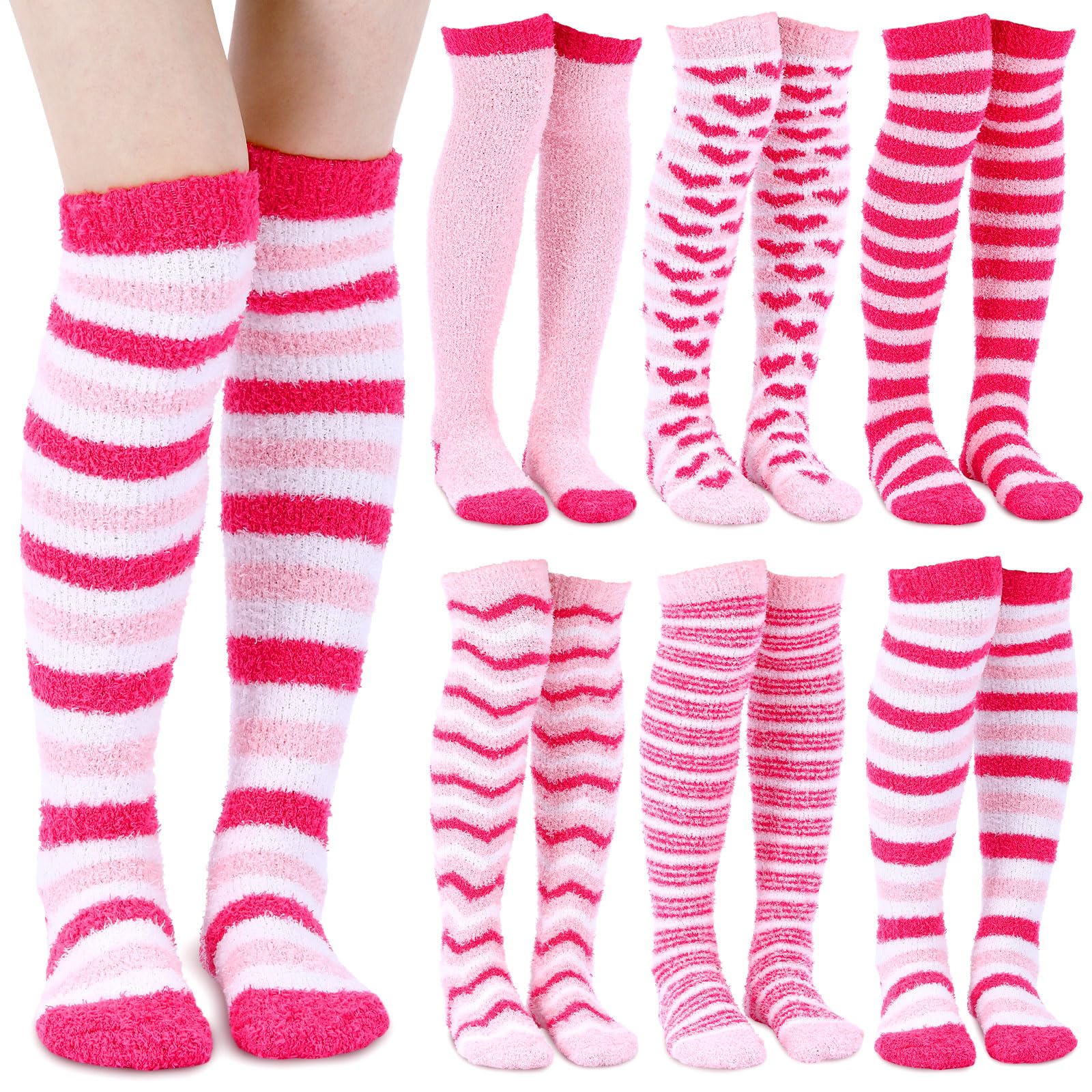 Ramede 6 Pairs Galentines Day Knee High Fuzzy Socks Valentine Day Gifts Bulk for Women Pink Knee Thigh High Socks for Women