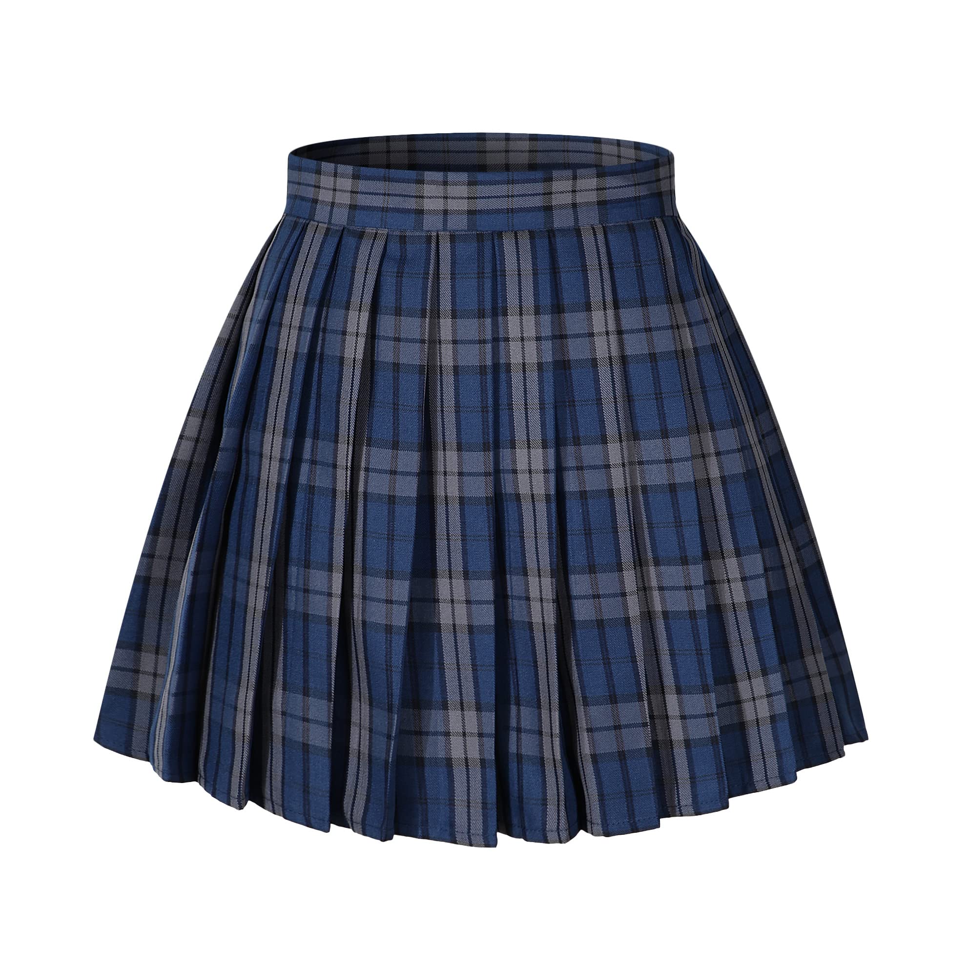 Girlss Short Pleated Plaid Costumes Skirt(Blue White Mixed Black,Medium)