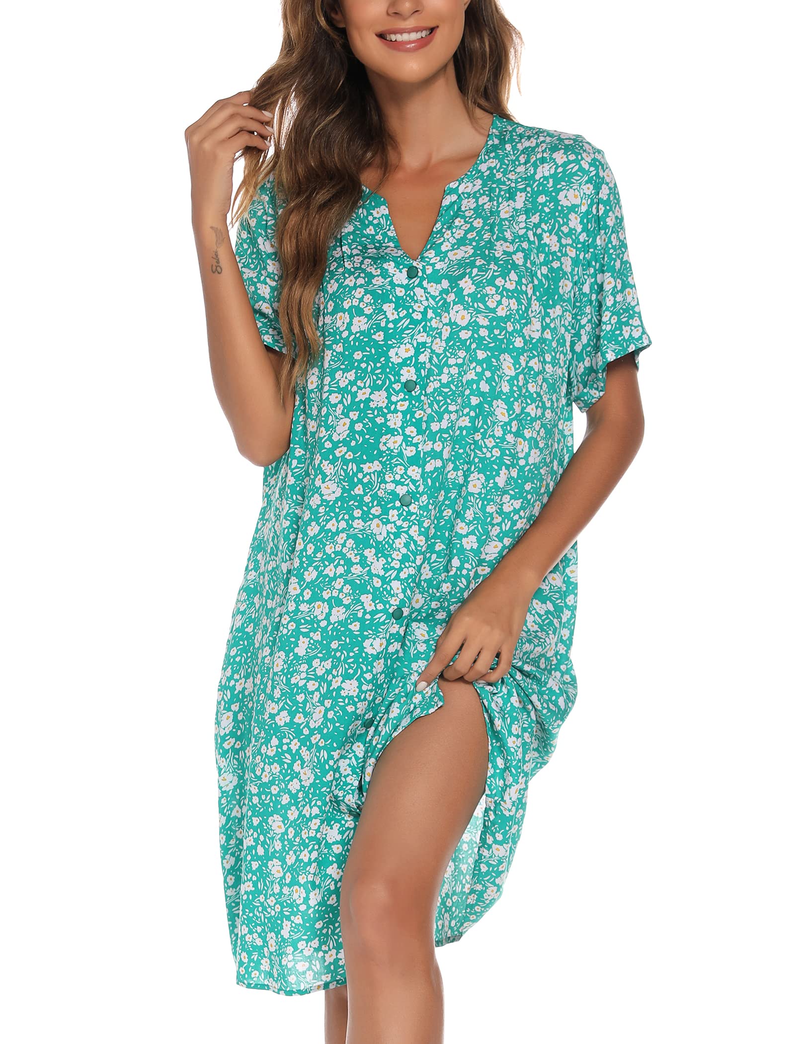 YOZLY House Dress Women Cotton Duster Robe Short Sleeve Housecoat Button Down Nightgown Green Small