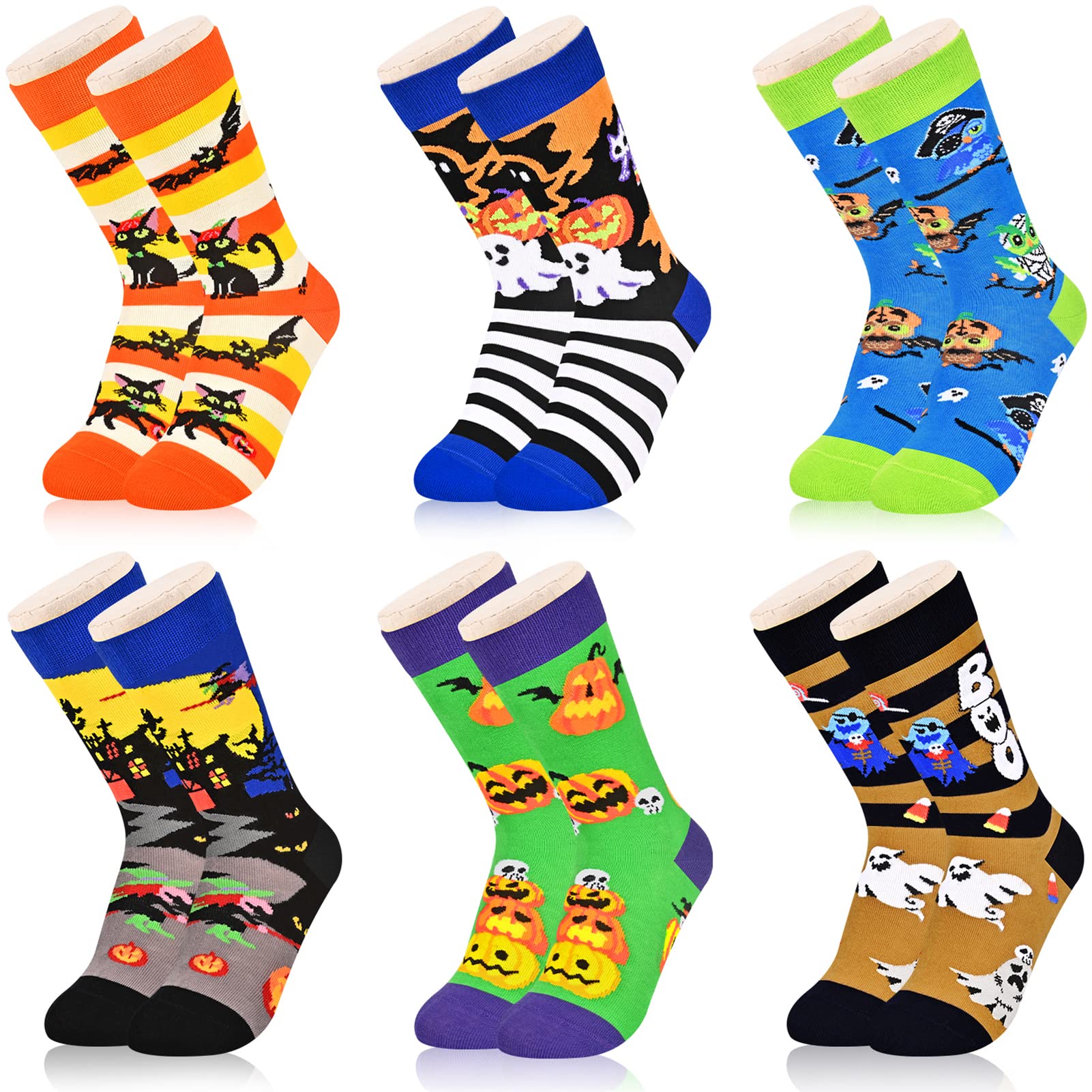 Dsia Zamur 6 Pack Halloween Socks for Kids Boys Girls + Gift Box, Novelty Crazy Pumpkin Cat Owl Witch Castle Ghosts Calf Crew So