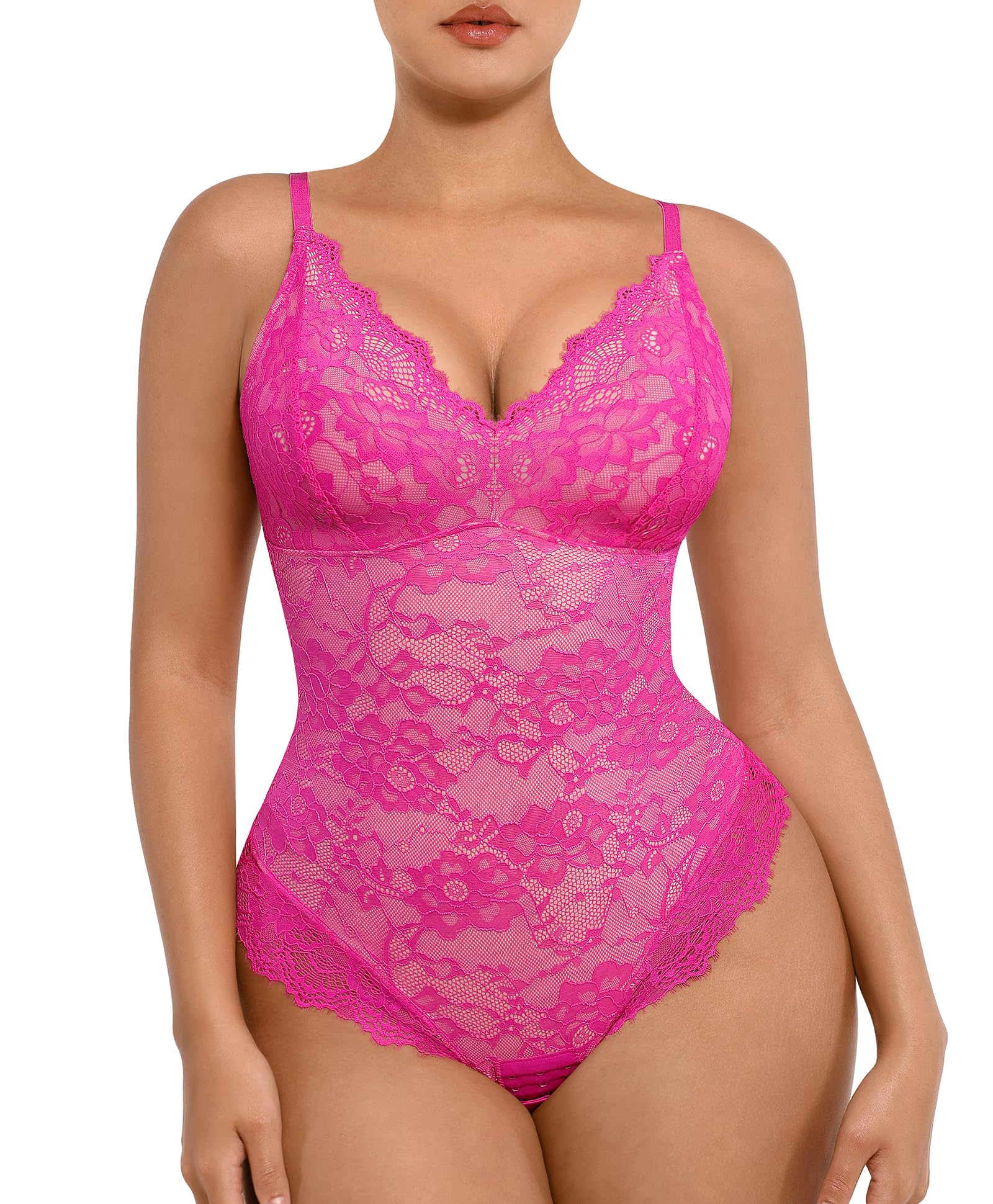 FeelinGirl Bodysuits for Women V Neck Lingerie Tummy Control Shapewear Lace Thong Body Shaper Jumpsuit Tops Pink M