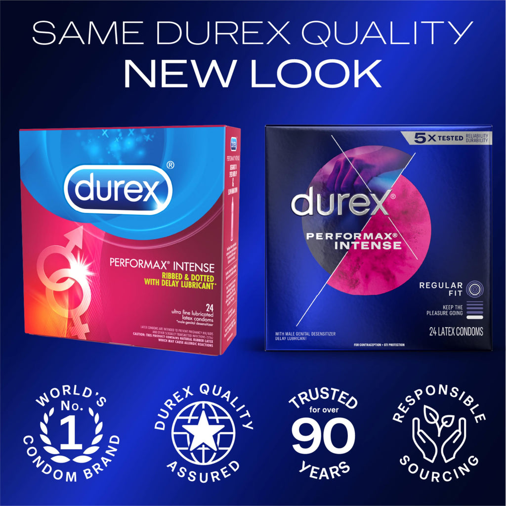 Durex Performax Intense Natural Rubber Latex Ultra Fine Ribbed Condoms, Regular Fit, 48 Count (2 Pack), Contains Desensitizing L