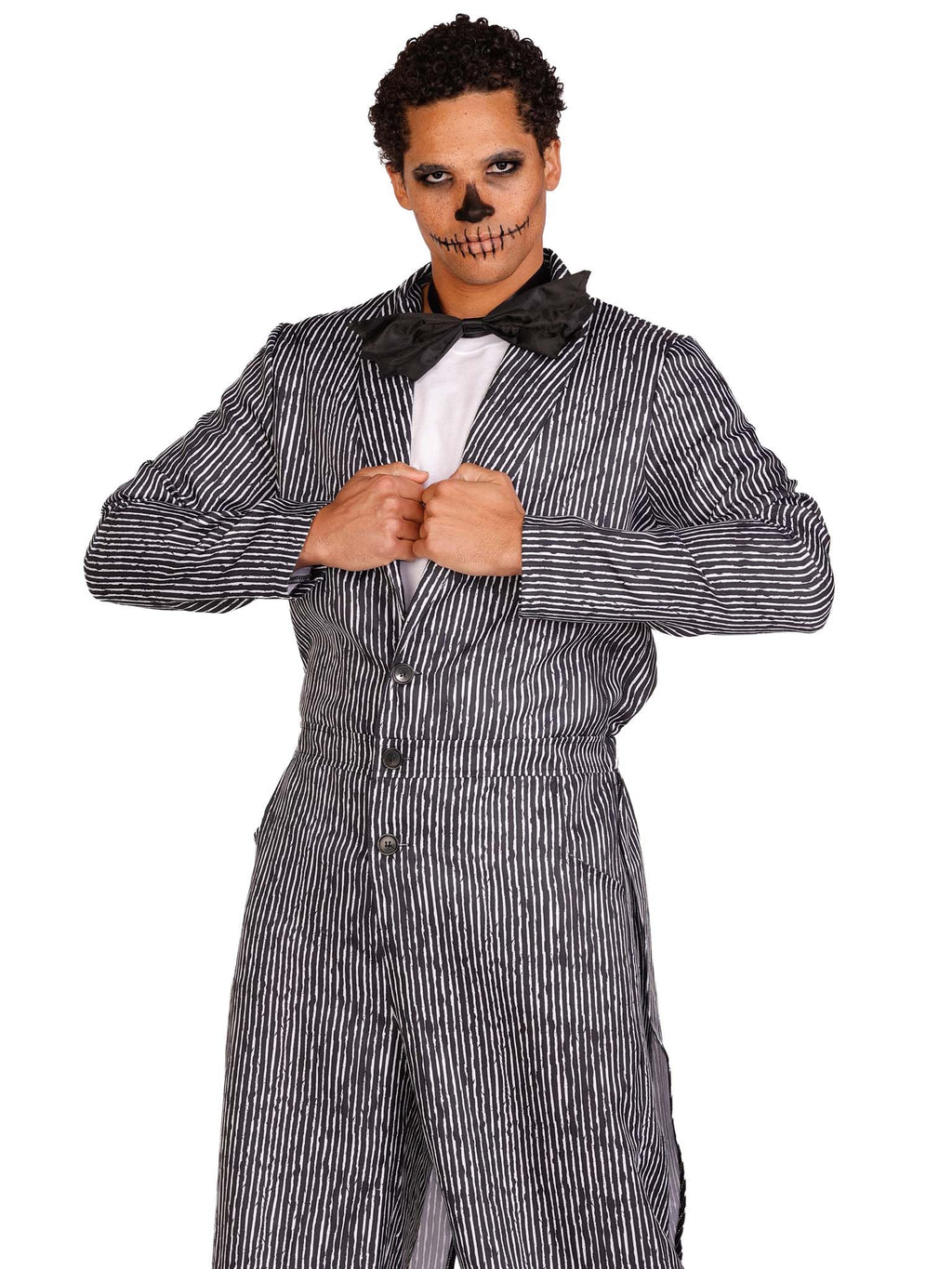 2 Pc Pinstriped Tux Jumpsuit, Includes One-Piece Button Front Jumpsuit And Bow Tie.