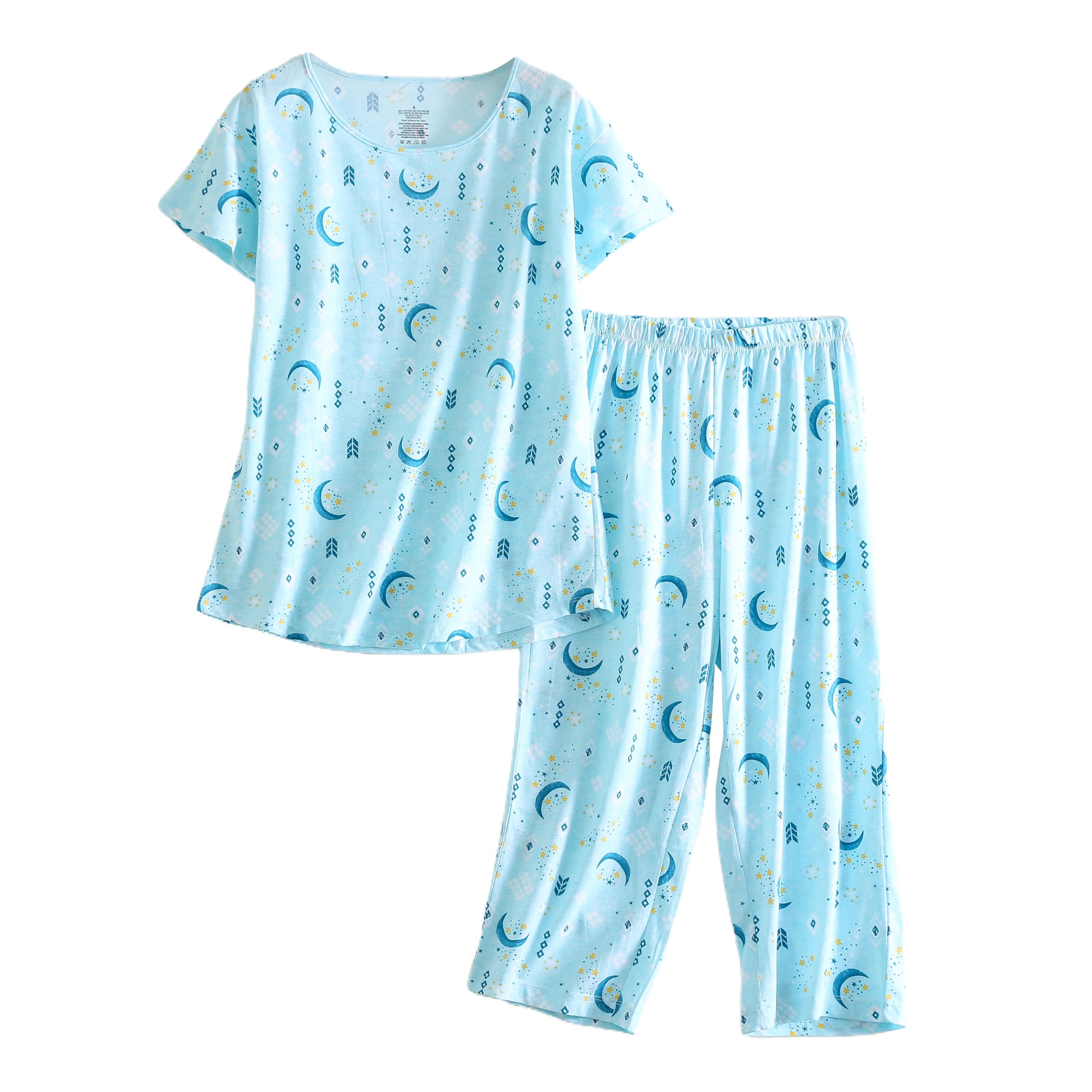 PNAEONG Womens Pajama Set - Cotton-Blend Short-Sleeve Loose Top with Matching Capri Bottoms SY215-Blue Moon-XL