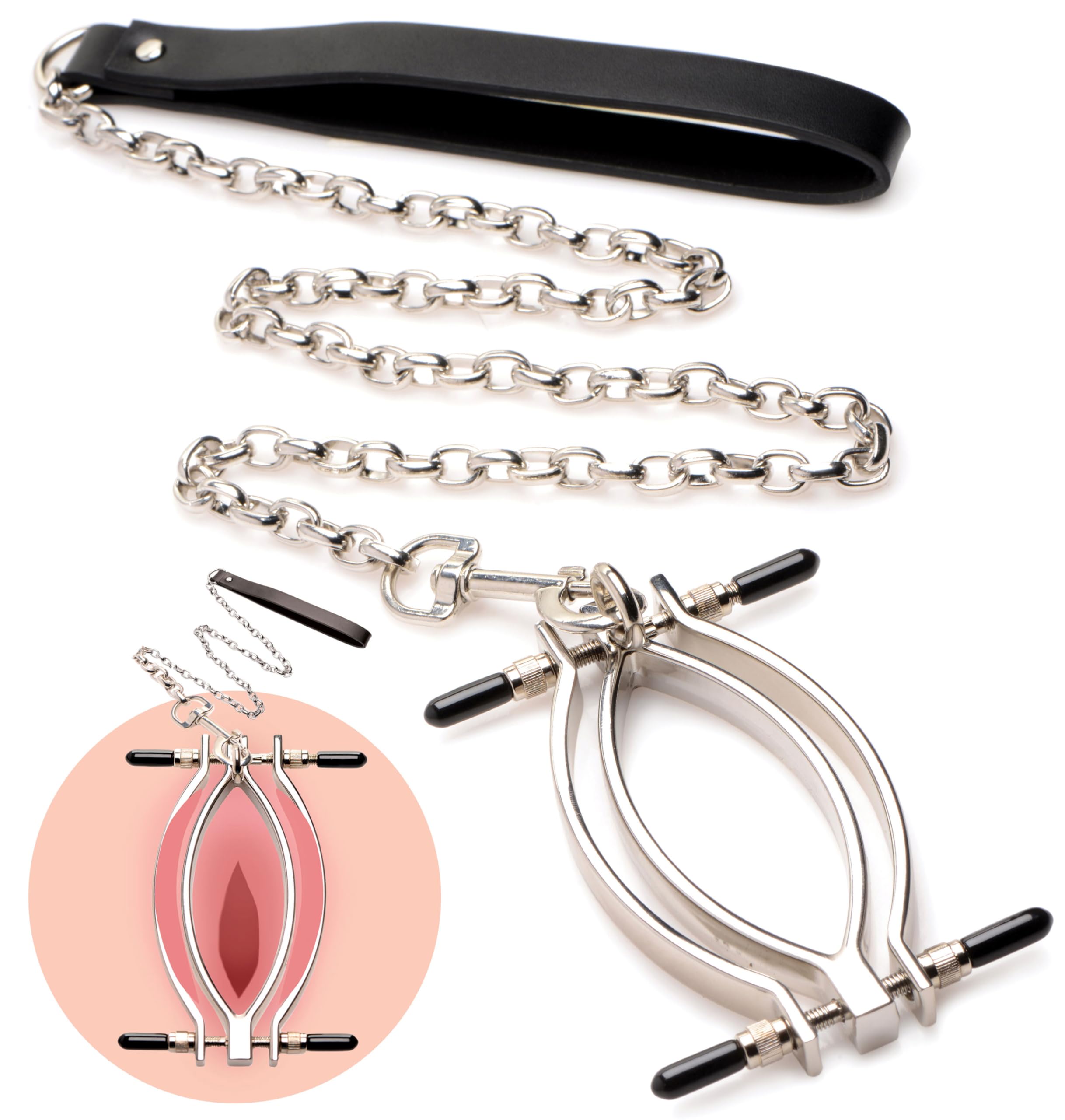 Master Series Pussy Tugger Adjustable Labia Clamps Heavy Duty with Leash for Women Men & Couples, BDSM Bondage Restraint & Sex A