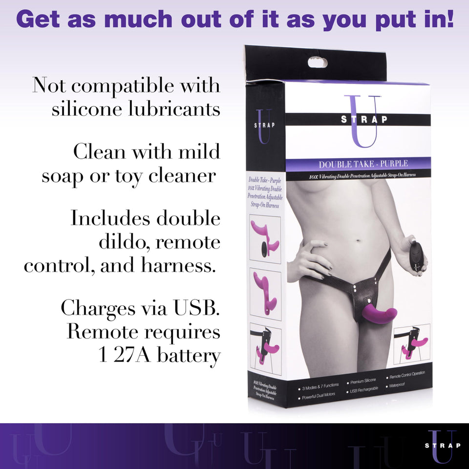 Strap U Double Take 10X Double Penetration Vibrating Strap-On Harness - Purple, Harness Fits Waists Up To 41 Inch Around (Af864-