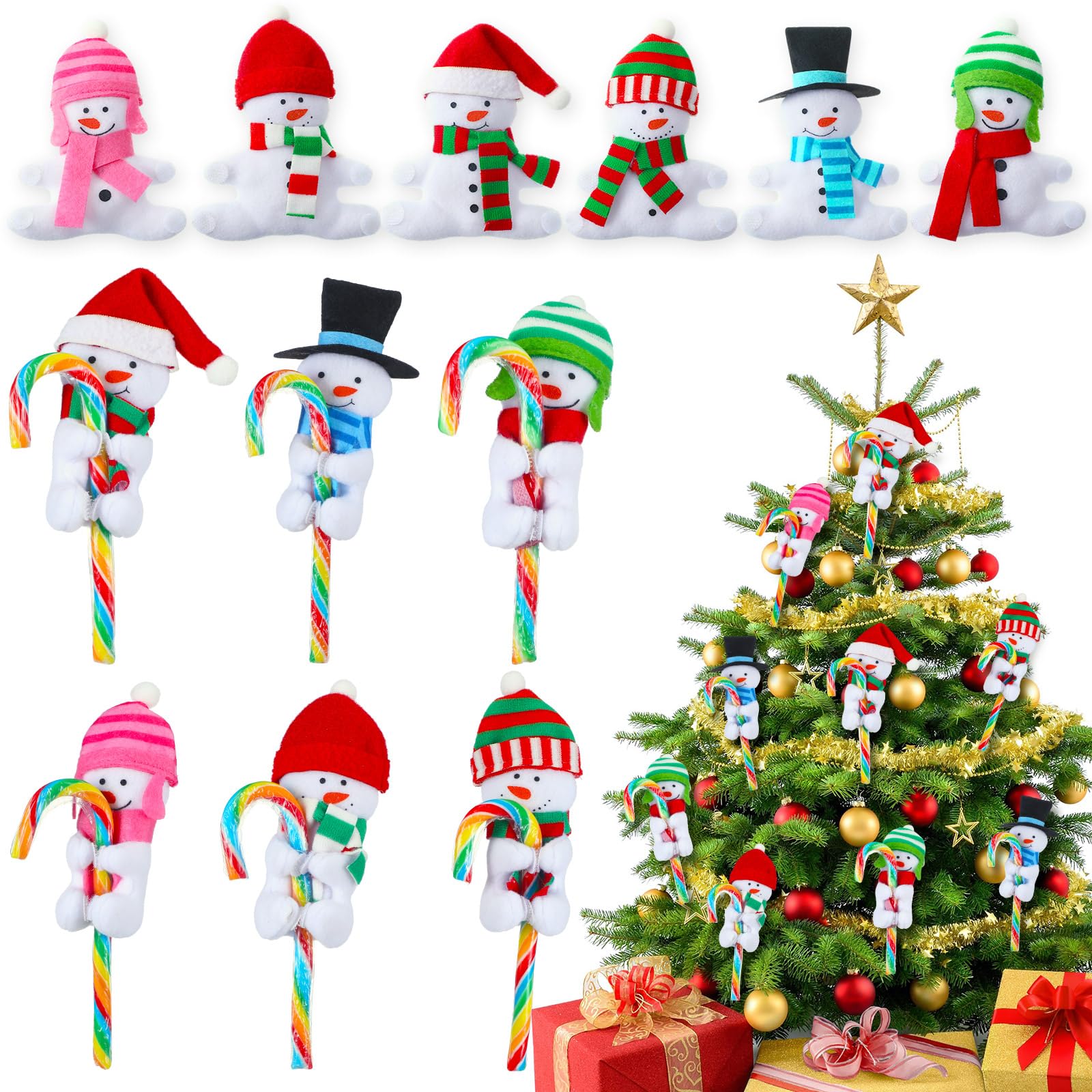 Poen 12 Pcs Felt Snowman Candy Cane Covers Christmas Huggers with Hat & Scarf Cute Snowman Candy Cane Holders for Christmas Part