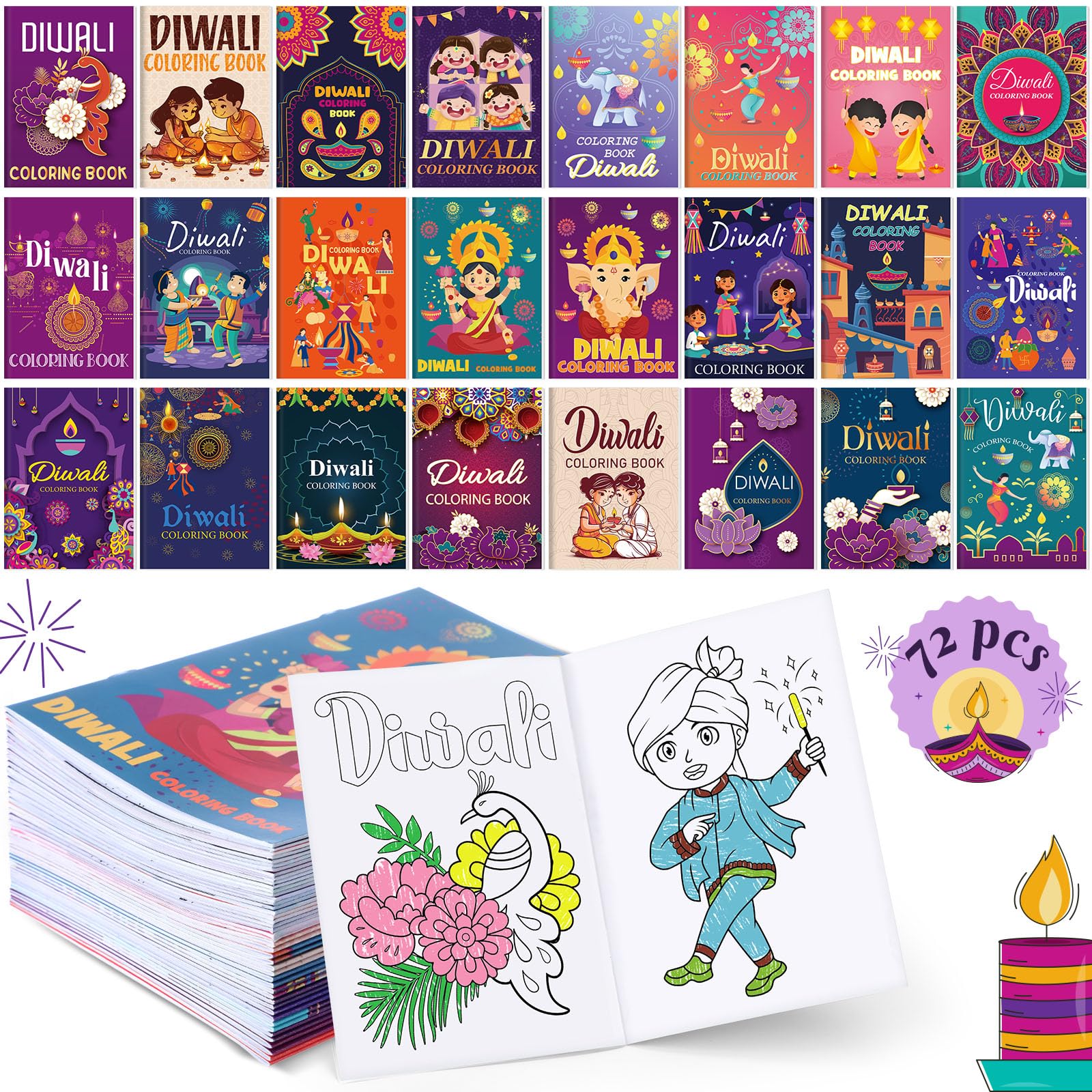 Sinload 72 Pcs Diwali Coloring Book for Adults Bulk, DIY Drawing Coloring for Adults Stress Relief Book with Diwali Holiday Patt