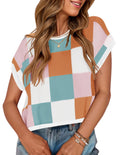 ZESICA Womens Floral Sweater Vest Summer Short Sleeve Crew Neck Cute Loose Knit Tops 2026 Trendy Clothes Outfits,White Pink,Medi