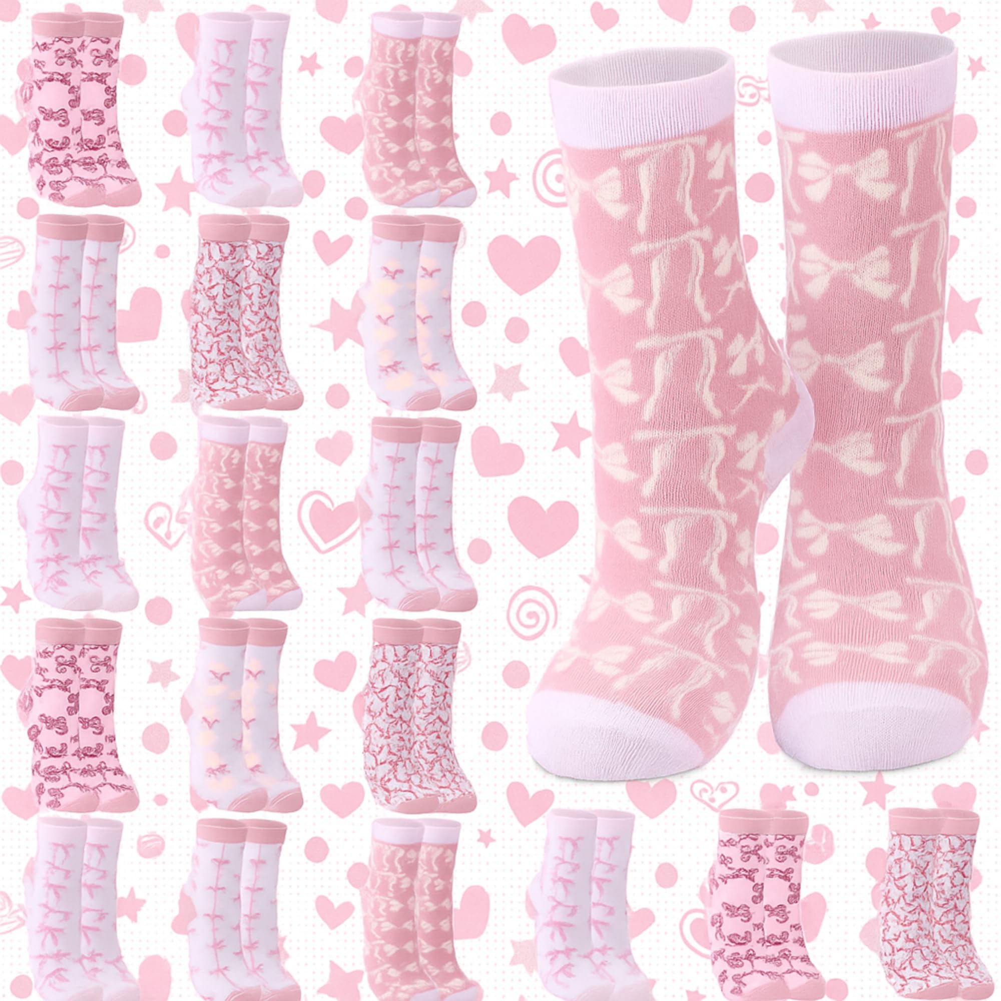 Jadive Valentines Day Coquette Pink Bow Socks Pink Bow Womens Inspired Socks Ornament for Birthday Decor Gift(Normal,18 Pcs)