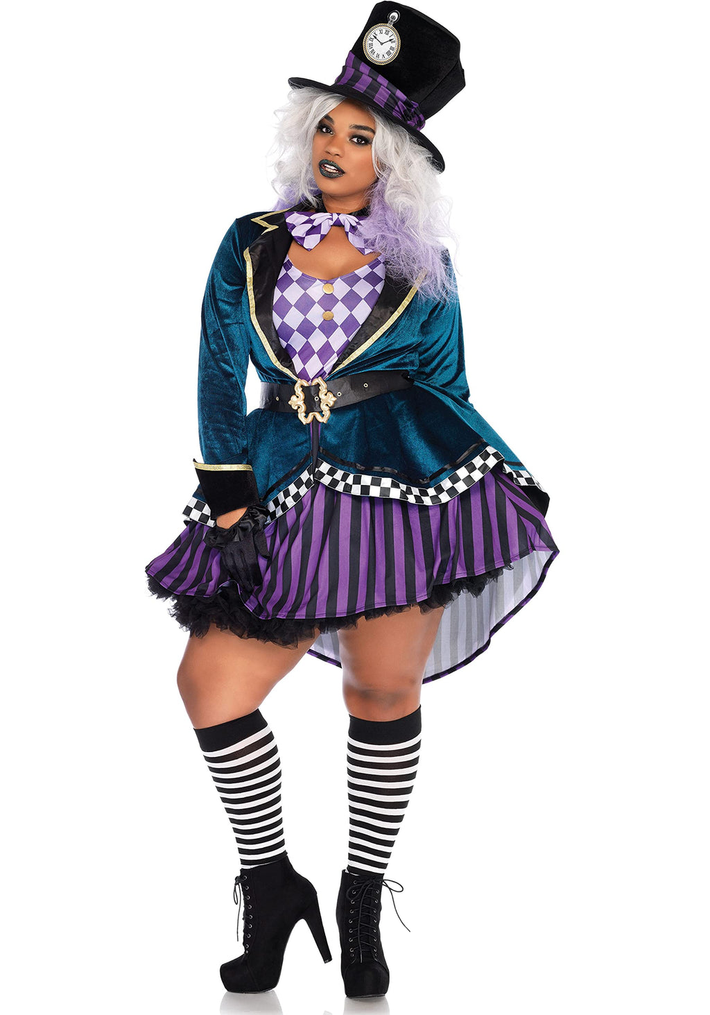 Plus Size 4 Pc Delightful Hatter Costume, Includes Velvet High/Low Coat Dress With Checkerboard Trim, Belt With Ornate Buckle, B
