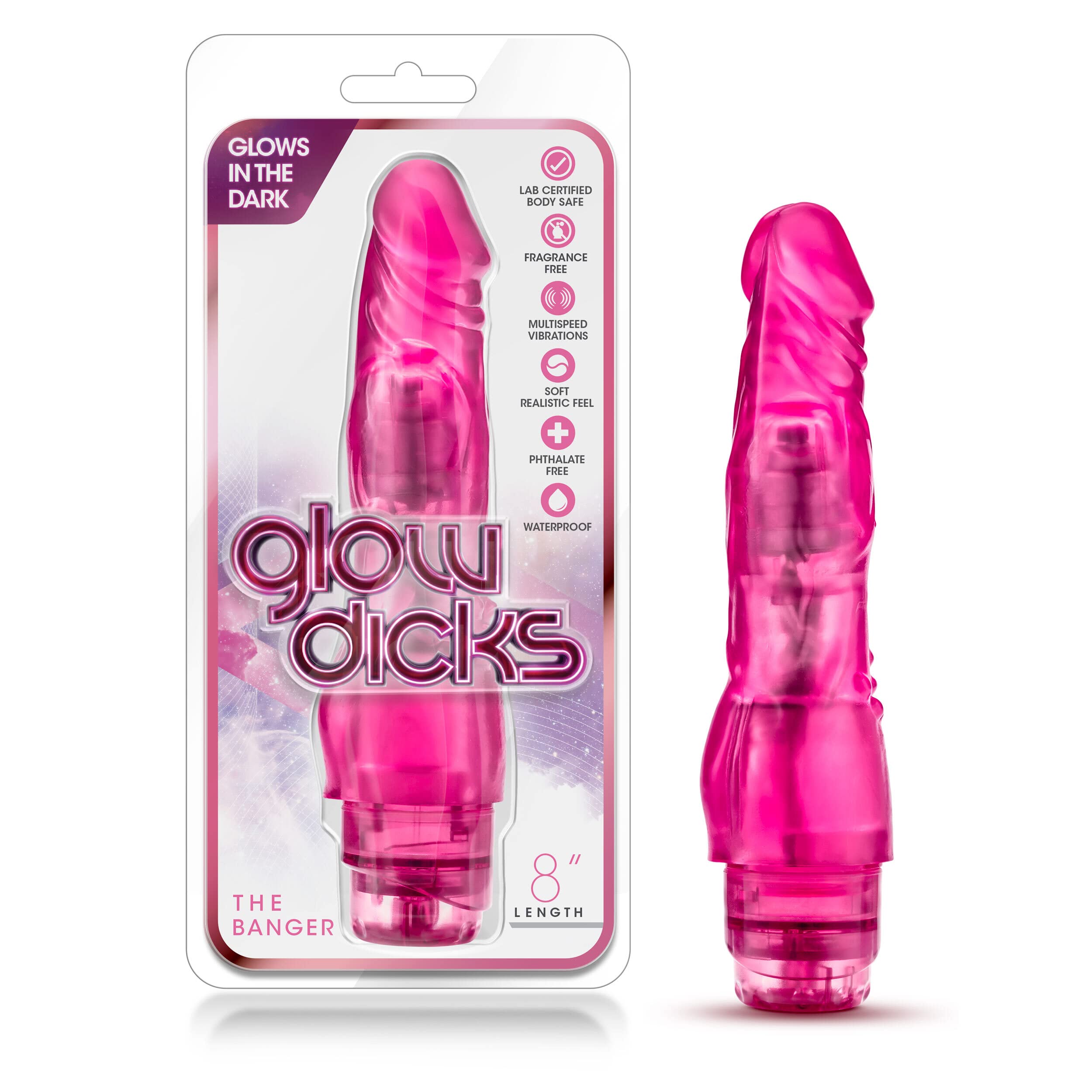 Blush Novelties The Banger - 8 Inch Realistic Powerful Vibrating Convenient Twist Dildo - Glows In The Dark Adjustable Multi Spe