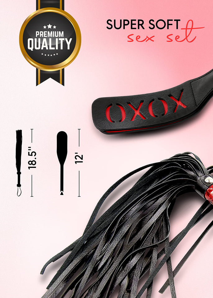 MILOPEDOX Black Flogger Whip 18'' Adult Spanking Paddle 12'' - BDSM Sex Set - Flogger Spanking Sex Soft - Sex Paddles for Spanki