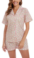 LUBOT 100% Cotton Womens Pajamas Set Button-Down Two-piece PJ Set Short Sleeve Printed Patterned Summer Sleepwear Loungewear (R