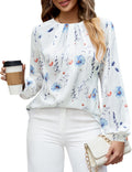 Blooming Jelly Womens Dressy Business Casual Blouse Pleated Long Sleeve Tops Satin Silk Work Shirt Fall Outfits 2025 (White Flor